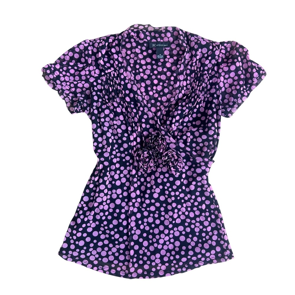 Vtg Y2K black Polka Dot Mesh Rosette Top Medium fairy‎ girly coquette